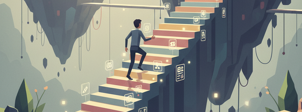 Profissional subindo escada rumo a um grupo em portal elevado, representando autoaperfeiçoamento e crescimento na carreira.