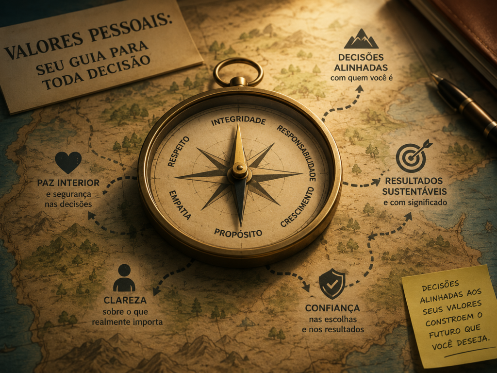 Bússola sobre um mapa representando valores pessoais como guia para a tomada de decisão