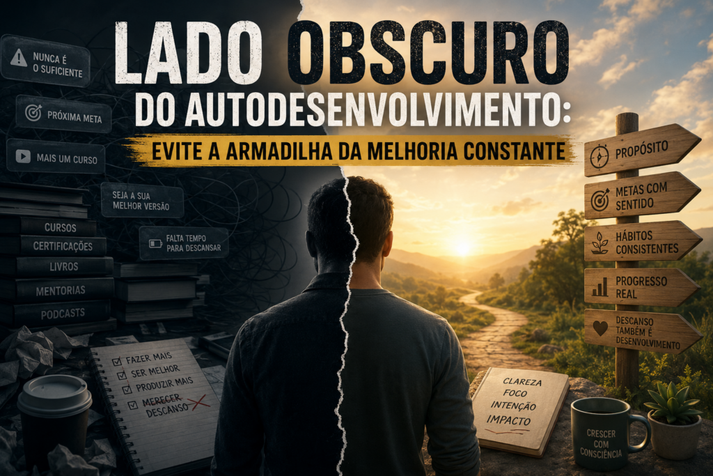 Profissional exausto diante de uma pilha de livros e certificados representando o lado obscuro do autodesenvolvimento